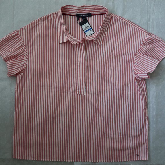 Tommy Hilfiger Blouse XL Top Shirt Flutter Sleeve Pink Striped Cotton New - Picture 5 of 5